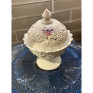 Westmorland Covered Candy Dish Compote White Milk Glass Hand Paint Ribbons Bows